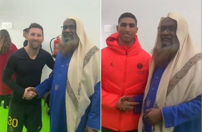 شاهد بالصور .. إمام الحرم السابق الشيخ الكلباني يلتقط صورا تذكارية مع ميسي وأشرف حكيمي