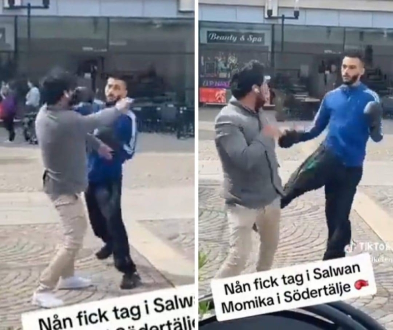 شاهد بالفيديو شخص يرتدي قفازات ملاكمة يضرب العراقي الملحد حارق القرآن  بالسويد