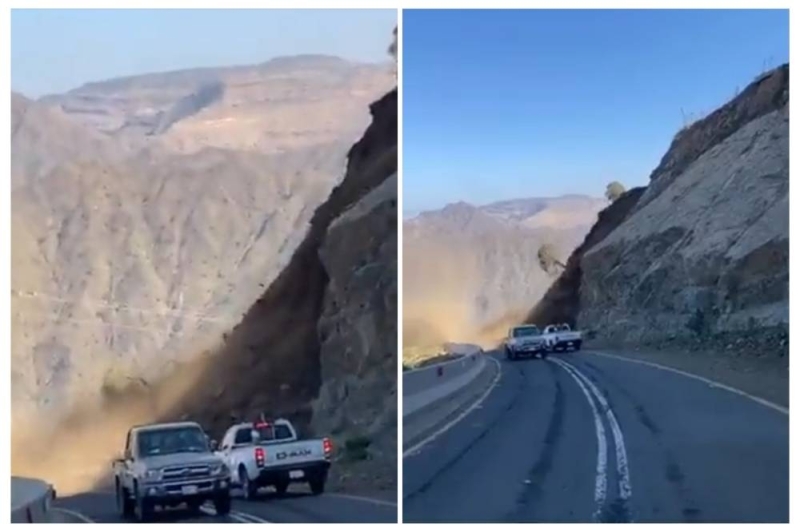 شاهد ..لحظة حدوث انهيار صخري بطريق الجبل الأسود في السعودية والعناية الإلهية تنقذ قائدي المركبات